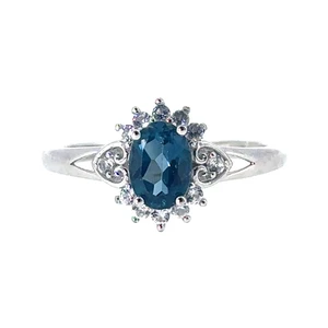 Sterling Silver Oval Cut London Blue Topaz Halo Ring Size 8
