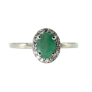 Sterling Silver Oval Cut Emerald Halo Ring Size 7