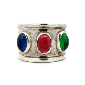 Sterling Silver Created Sapphire Emerald Ruby Wide Band Fashion Ring Size 7.5