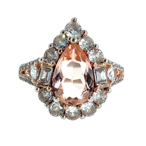 Sterling Silver Pear Cut Morganite CZ Halo Ring Size 9