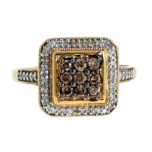 Sterling Silver Gold Tone Round Cut Champagne Diamond Cluster Ring Size 9.25
