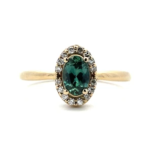10K Yellow Gold Oval Cut Montana Green Sapphire Diamond Halo Accent Fashion Band Size 6.75