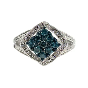 Sterling Silver Blue Diamond Cluster Cocktail Ring Size 9