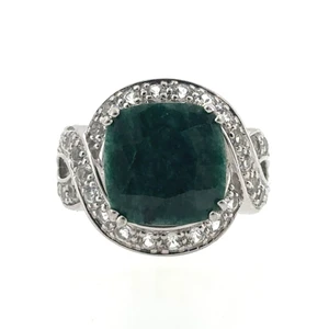 Sterling Silver Cushion Cut Emerald Statement Ring Size 7