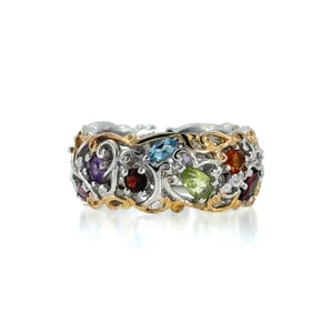 Sterling Silver Two Tone Multi Stone Filigree Band Ring Size 8