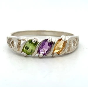 Sterling Silver Multi Stone Citrine, Amethyst, Peridot  Heart Band Size 11