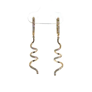 14k Yellow Gold Round Cut Diamond Spiral Dangle Huggie Hoop Earrings