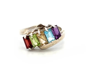 Sterling Silver  Multi Colored Stones Garnet, Peridot, Citrine, Blue Topaz, Amethyst Single Band Ring Size 6