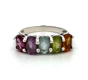 Sterling Silver Multi Stone Garnet, Amethyst, Blue Topaz, Peridot, Citrine Single Band Ring Size 5