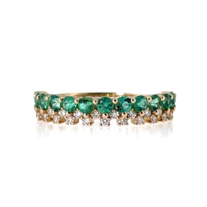 14k Yellow Gold Emerald & Diamond Staggered Band Size 6.75