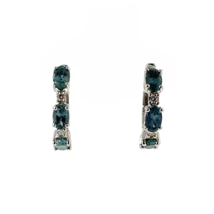 10K White Gold Alternating Light Blue Montana Sapphire and Diamond Huggie Hoop Lever-Back Clasp Earrings