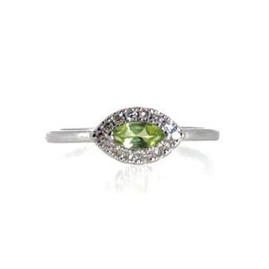 10k White Gold Marquise Cut East West Set Peridot Halo Ring Size 7