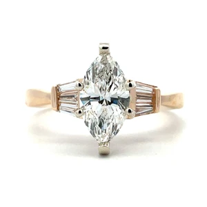 14K Yellow Gold GIA Cert 1.09ct Marquise Brilliant Cut Diamond Baguette Accented Engagement Ring Size 7