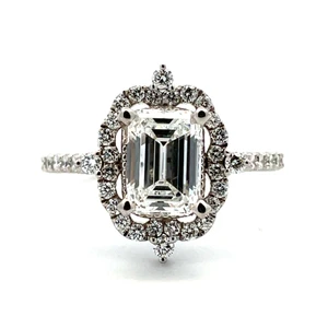 14K White Gold GIA Cert 1.25ct Emerald Cut Diamond Whimsical Halo Engagement Ring Size 6.25
