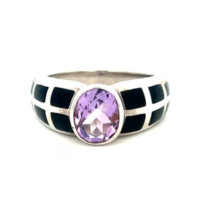 Sterling Silver Amethyst Oval Black Rectangles on Band Wide band Ring Size 7