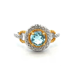 Sterling Silver Blue Topaz Diamond Look Halo Thin Band Ring Size 7