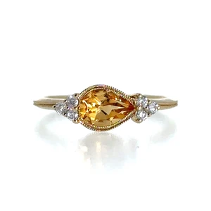 10k Yellow Gold Pear Cut East West Set Citrine & Diamond Accent Ring Size 6.5