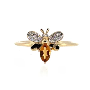 14k Yellow Gold Oval Cut Citrine & Diamond Accent Bee Ring Size 6.75