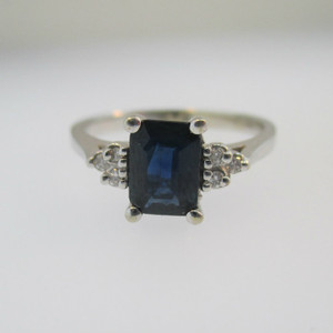 14k White Gold Rectangle Sapphire with Diamond Ring Size 6 1/4 