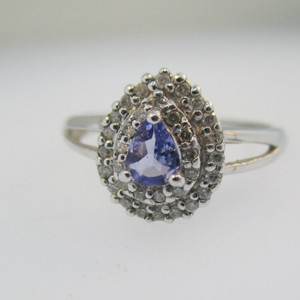 10k White Gold Pear Shaped Tanzanite Ring with 2 Rows of Diamond Halos Size 8 3/4