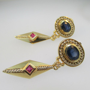 14k Yellow Gold Blue Sapphire and Red Ruby Dangle Earrings