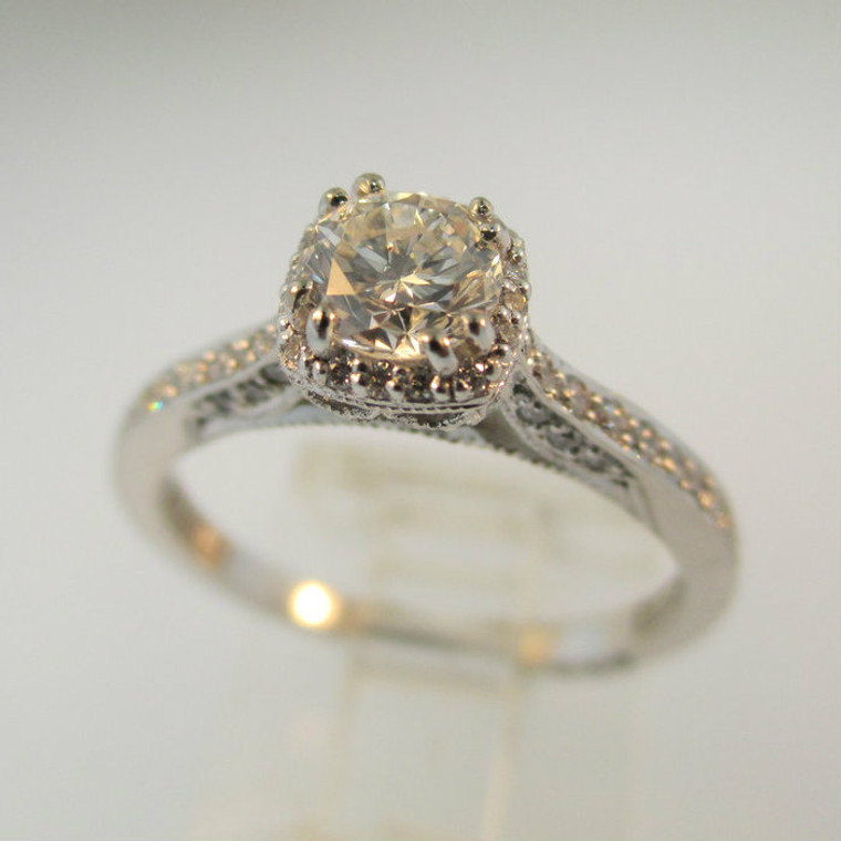 18k White Gold Tacori .44ct Round Brilliant Cut Diamond Ring with Halo Filigree and Diamond Accents Size 6 1/2