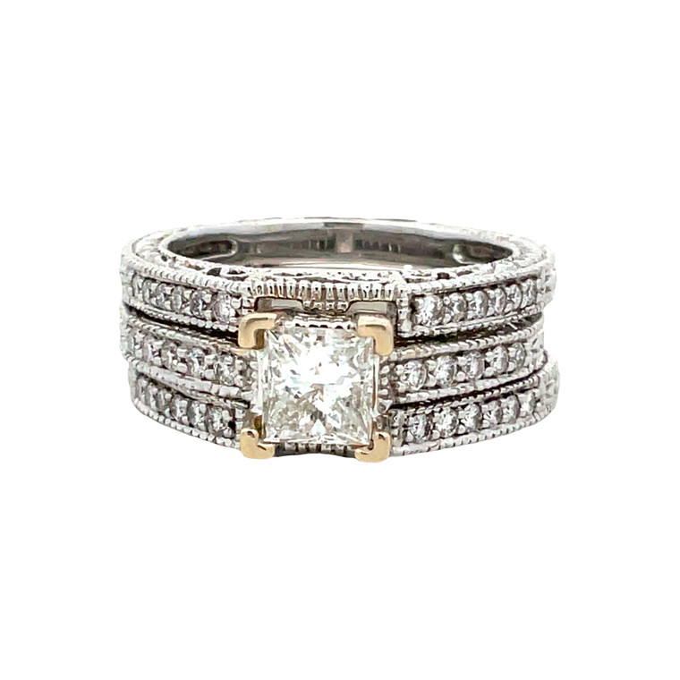 18k White Gold .72ct Princess Cut Diamond Ring with Filigree Detailing and Diamond Accents  2 Matching Wedding Bands Size 6 1/2