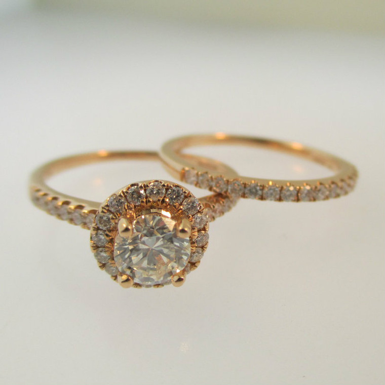18k Rose Gold .63ct Round Brilliant Cut Diamond Ring with Diamond Halo and Wedding Band Size 6 3/4