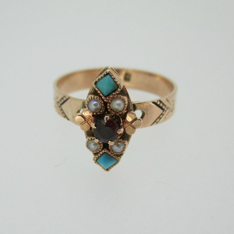 Vintage 1800's 10k Rose Gold Garnet Turquoise and Seed Pearl Ring Size 6 1/2