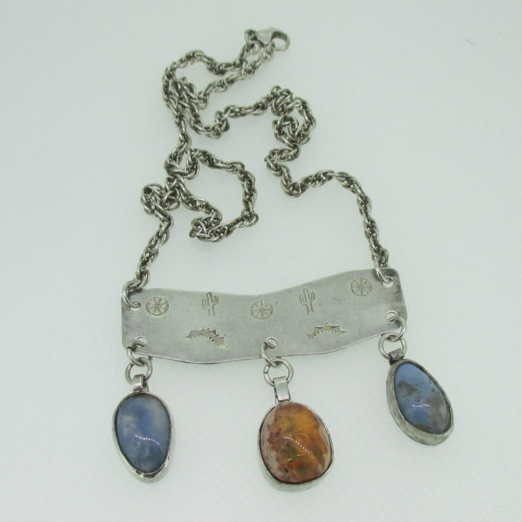 Sterling Silver Stamped Southwest Style Necklace with Dangle Gemstones