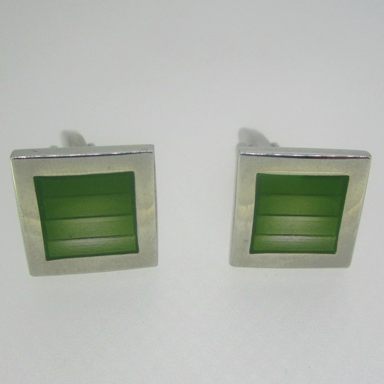 Silver Tone Green Square Cufflinks 