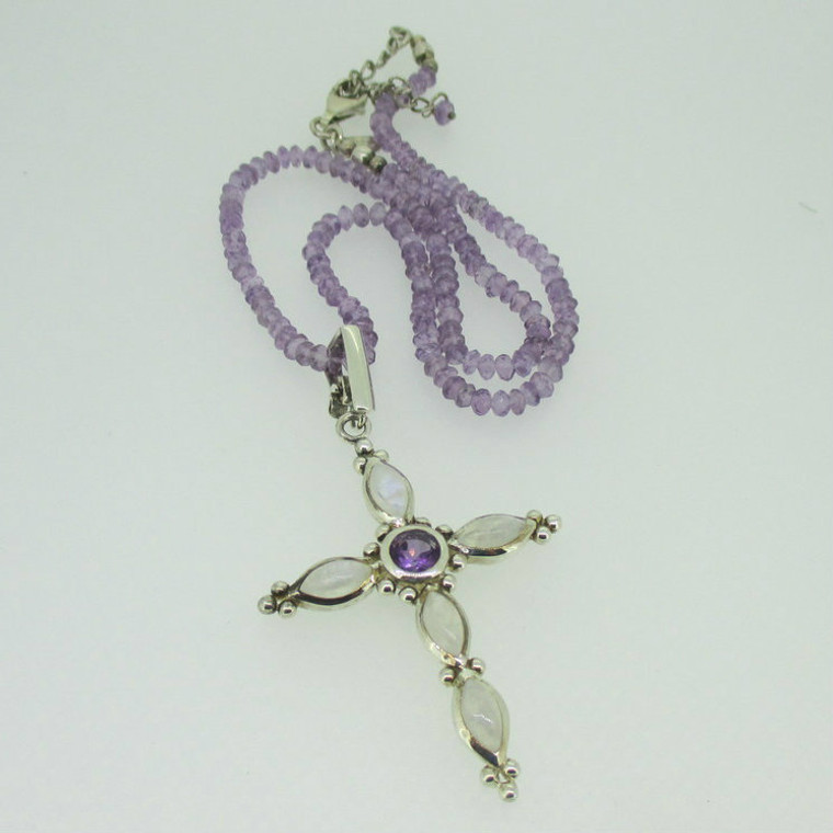 Sterling Silver Moonstone Amethyst Cross Pendant Beaded Necklace