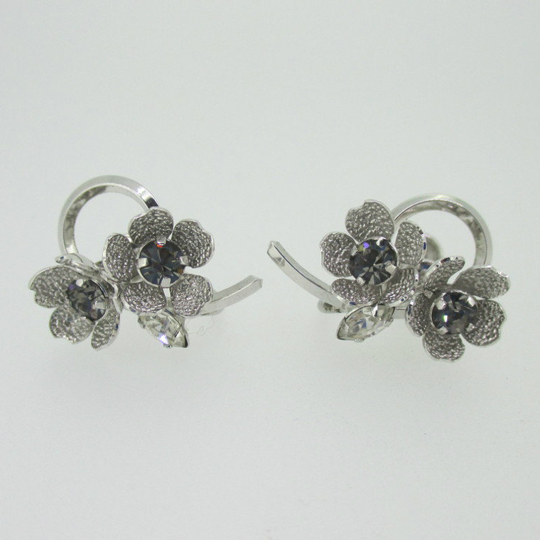 Sterling Silver Star-Art Rhinestone Flower Screw Back Earrings 

