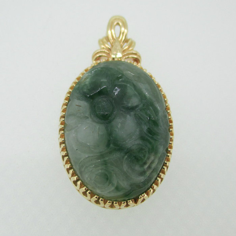 14k Yellow Gold Carved Flower in Jade Pendant