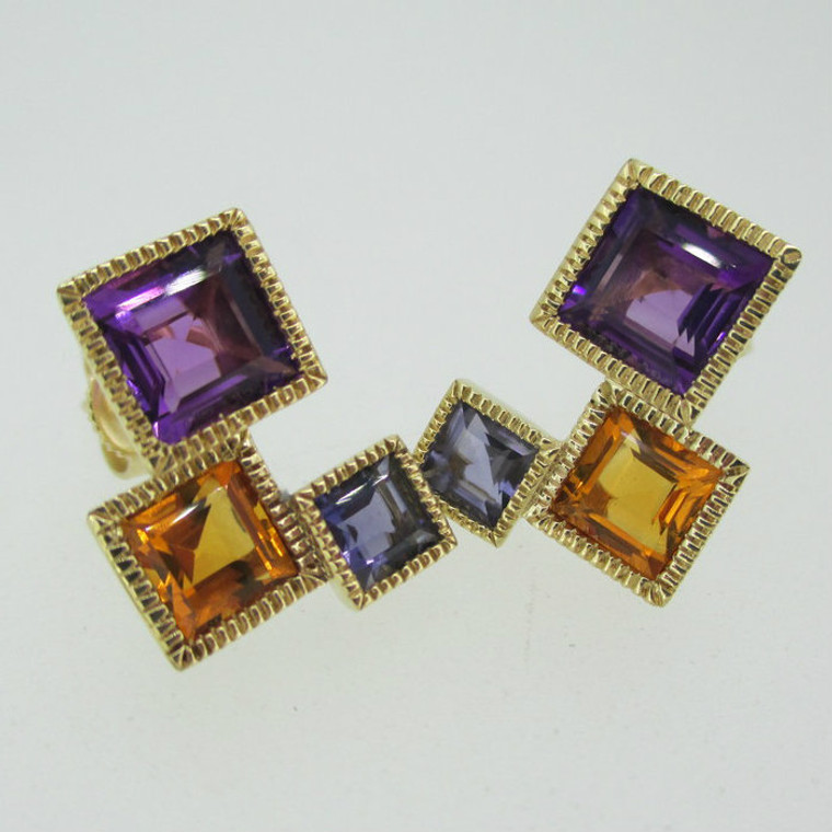 14k Yellow Gold Tanzanite Citrine and Amethyst Stud Earrings