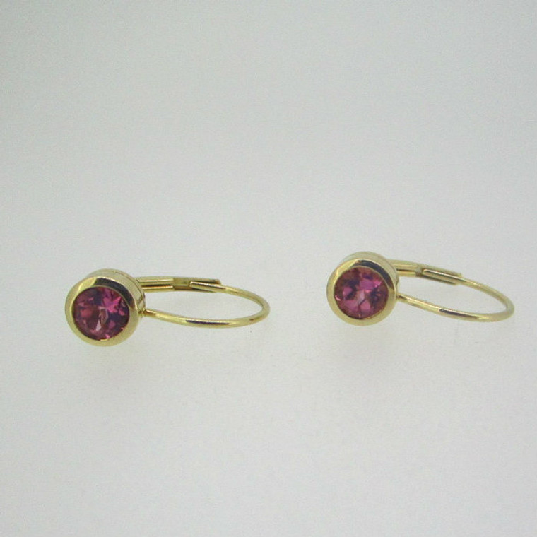 14k Yellow Gold Round Brilliant  Pink Tourmaline Lever Back Earrings