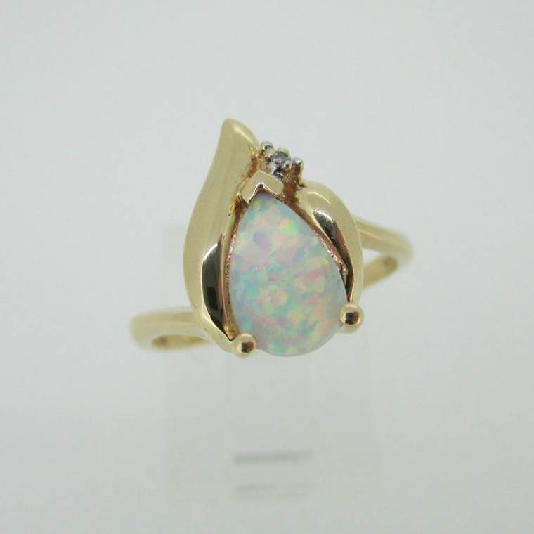 10k Yellow Gold Created Opal Ring with Diamond Accent Size 7