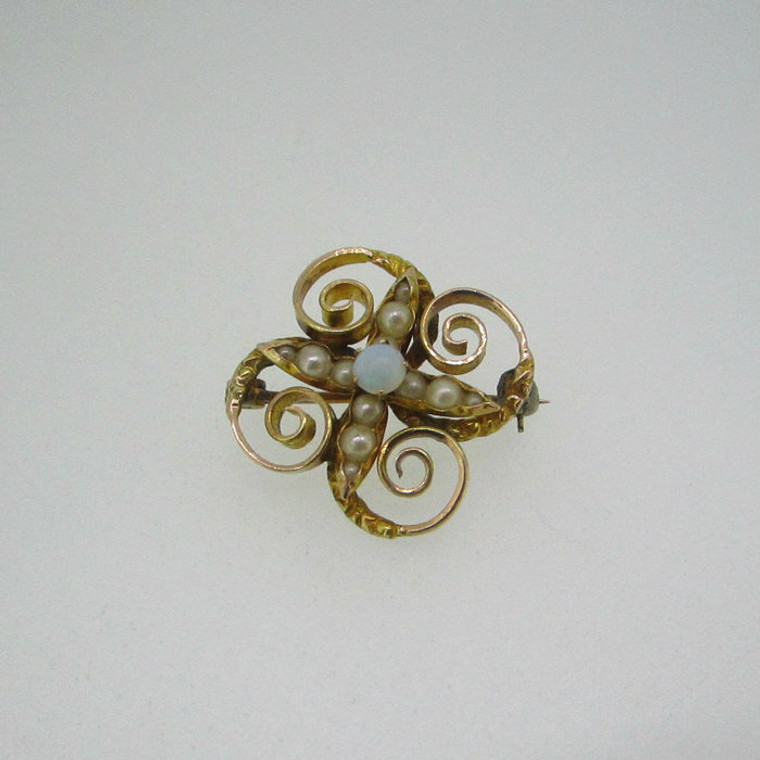 10k Yellow Gold Opal and Pearl Swirl Pin Brooch