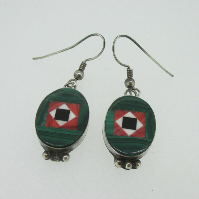 Sterling Silver Malachite Inlay Southwest Style Earrings 