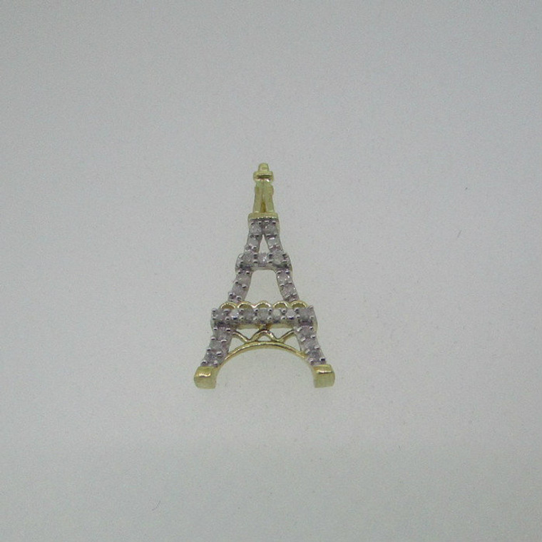 10k Yellow Gold Round Brilliant Cut Diamond Eiffel Tower Pendant 