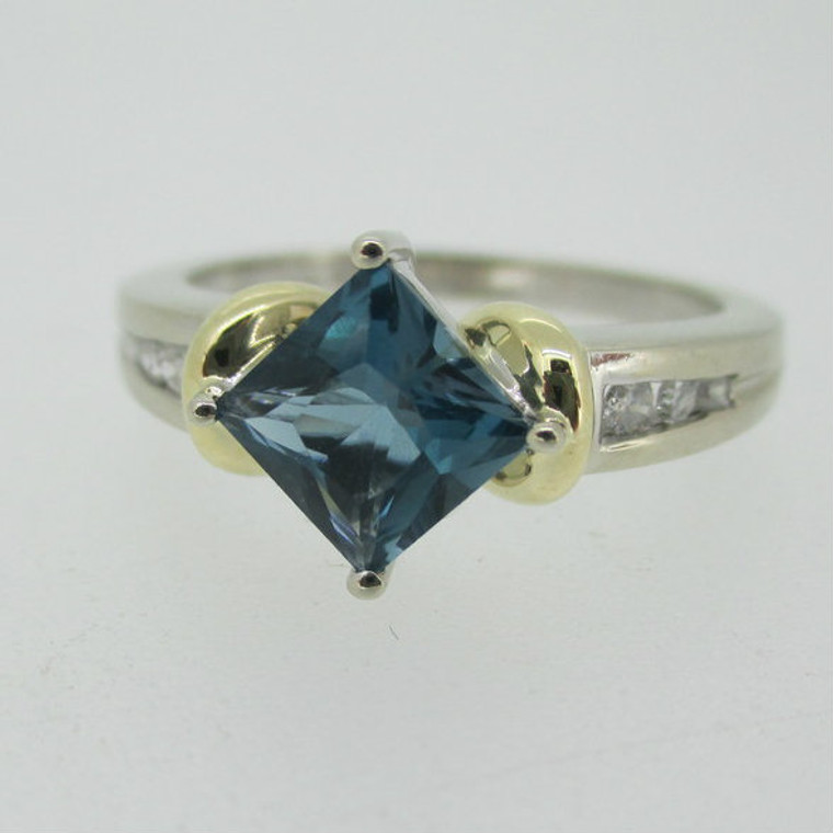 10k White Gold London Blue Topaz Ring with Yellow Gold and Diamond Accents Ring Size 7 1/4