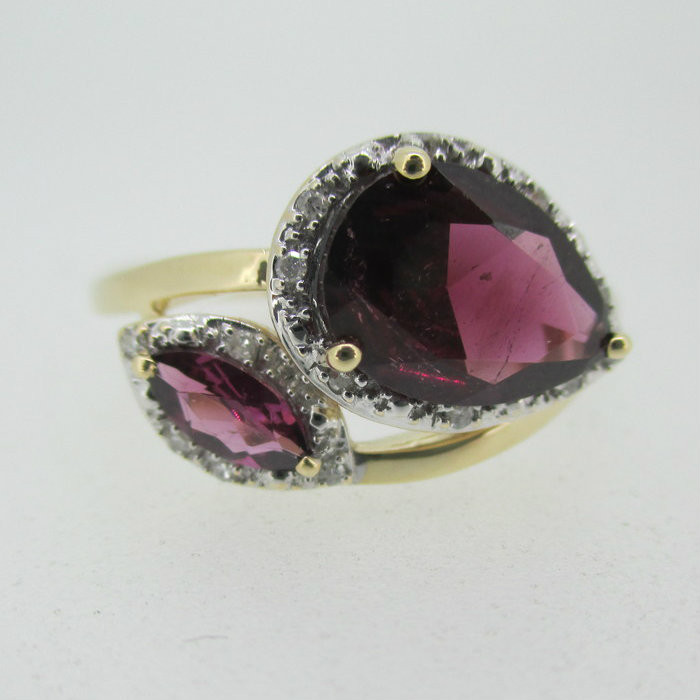 14k Yellow Gold Rhodolite Garnet Ring with Diamond Halo Accents Size 9 1/4