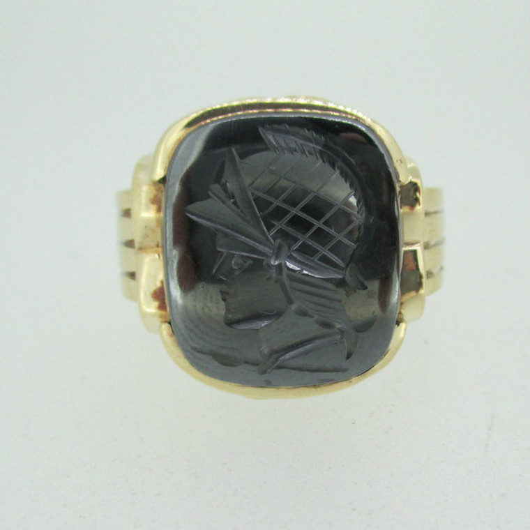 10k Yellow Gold Hematite Intaglio Men's Band Ring Size 12