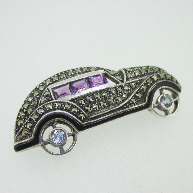 Sterling Silver Vintage Style Car Marcasite Pin Brooch