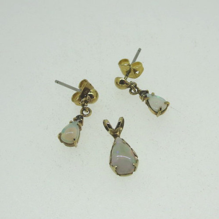 14K Gold Filled Teardrop Created Opal Pendant & Dangle Earrings Set Marked deo