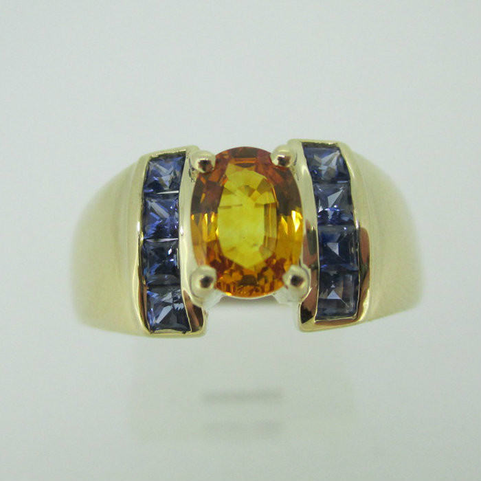 14k Yellow Gold Gold and Blue Natural Sapphire Ring Size 9 1/4