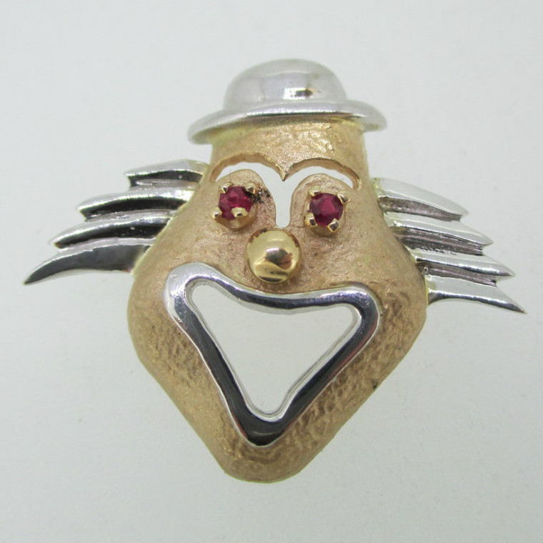 14k Yellow and White Gold Clown Face Pin Brooch with Ruby Eye's 