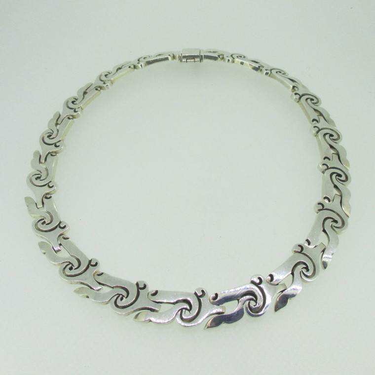 Sterling Silver Mexico Taxco Wave Design Choker Necklace 