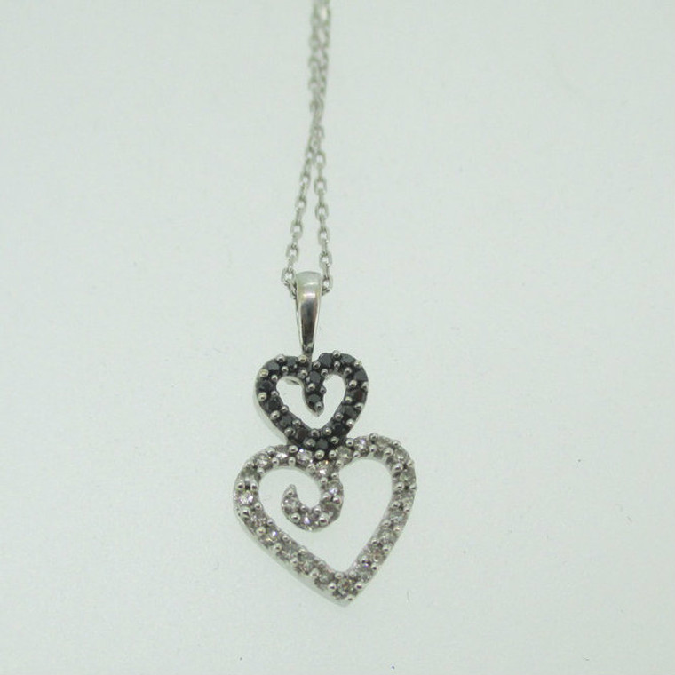 10k White Gold White and Black Diamond Hearts Pendant 