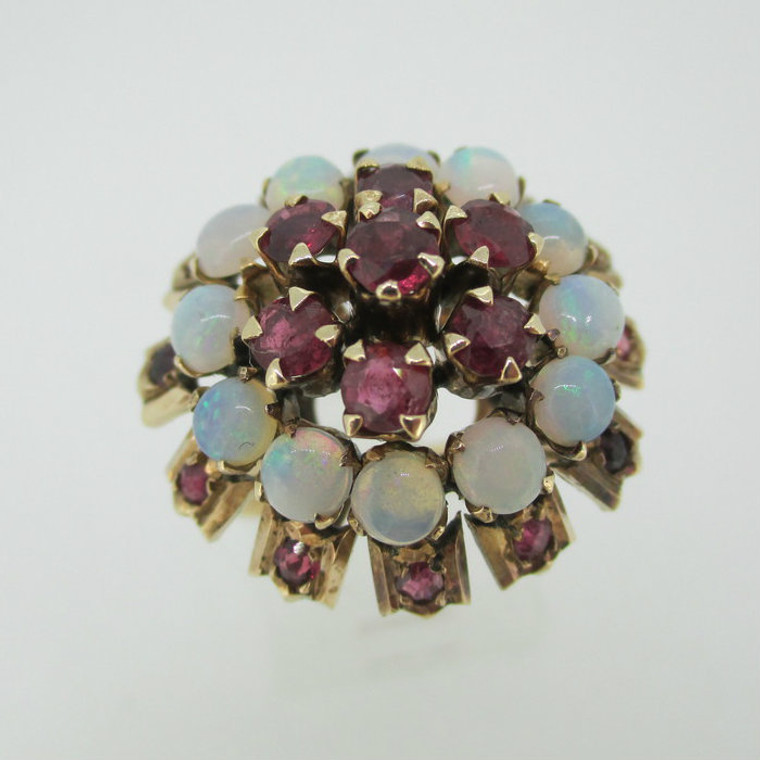Vintage 14k Yellow Gold Ruby and Opal Dome Style Ring Size 8 1/2